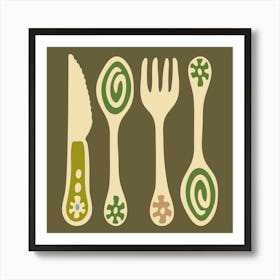 CUTLERY Pop Art Utensils Knife Spoon Fork in Vintage Retro Olive Beige Green on Moss Green Kitchen Art Print