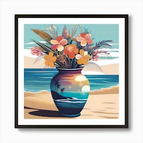 Flower Vase Decorated with Seascape and Palm Trees, Blue, Orange and Beige Art Print