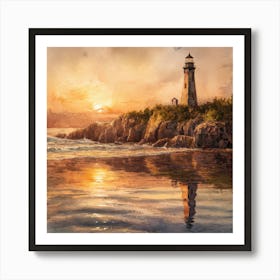 Serene Sunset A Captivating Watercolor Of A Coastal Lighthouse And Tranquil Ocean (3) Art Print