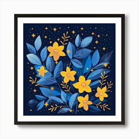 Blue Flowers With Stars Art Print