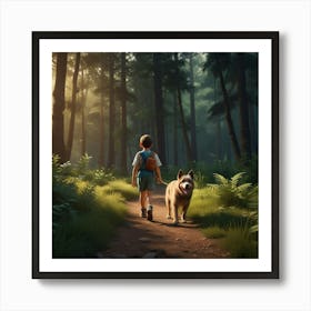 Boy And Dog In The Woods Art Print