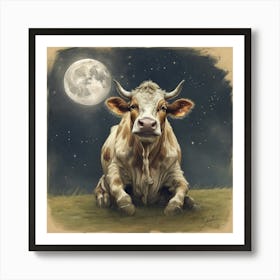 Cow In The Moonlight Art Print