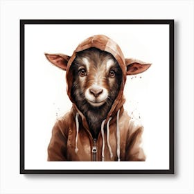 Watercolour Cartoon Goat In A Hoodie 3 Art Print