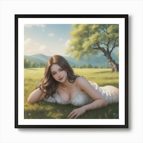 Girl Laying On The Grass Near A Tree Art Print