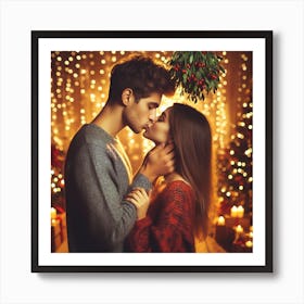 Couple Kissing In Front Of Christmas Lights 1 Art Print