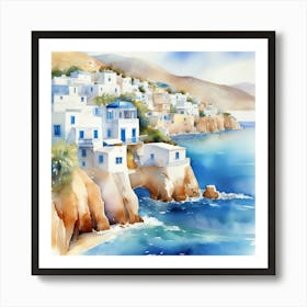 Watercolor Of A Greek Village.Summer on a Greek island. Sea. Sand beach. White houses. Blue roofs. The beauty of the place. Watercolor. 2 Art Print