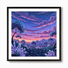 Night Sky With Purple Flowers Art Print