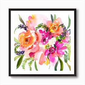 Watercolor Floral Bouquet in Pink Art Print