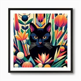 Black Cat In Flowers 2 Art Print