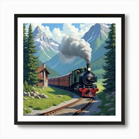 Rustic Locomotive Approaching A Quaint Mountain Village 1 Art Print