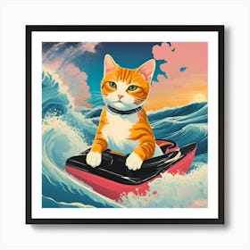 Cat On A Surfboard and waves abstract colorful artwork Art Print