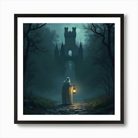 Ghostly Figure Holding A Lantern In An Abandoned Castle 1 Art Print