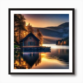 Lake House At Sunset 1 Art Print