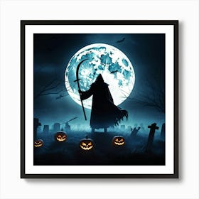 Reaper Silhouette Scythe Raised Against A Backdrop Of A Full Moon On Halloween Night With Wisps O (2) Art Print