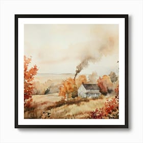 Autumnal Landscape Featuring Falling Leaves Watercolor Painting Soft Toned Florals Cottages With (4) Art Print