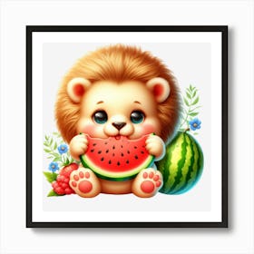 Lion Eating Watermelon Art Print