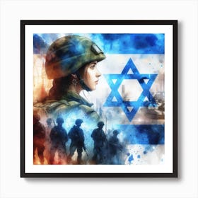 Israeli Soldier In Front Of The Flag 1 Art Print