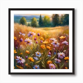 Printable Wildflower Field Landscape Oil Painting, Vintage Farm House, Country Field Landscape Oil Painting Printable Art Print