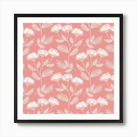 White Yarrow with Leaves on Pink, Pattern Art Print