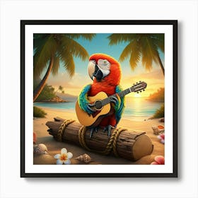 A Colorful Parrot Playing A Guitar On A Beach At Sunset Art Print