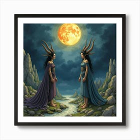 Watercolor The Gorgon Sisters In A Dark, Mythical Landscape 1 Art Print