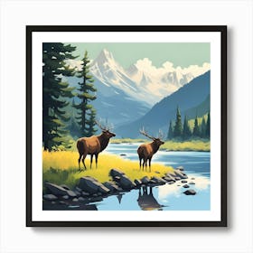 Elks By The River Art Print