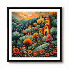 House In The Forest, Naive, Whimsical, Folk Art Print