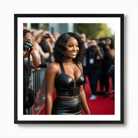 Available to purchase - A Sexy Black Woman With A Curvy Figure Wearing A Black Halter and Skirt on Red Carpet - Created by Midjourney Art Print