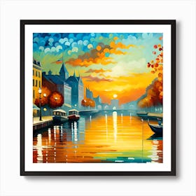 Sunset On The Canal Abstract Oil Paintings Art Print