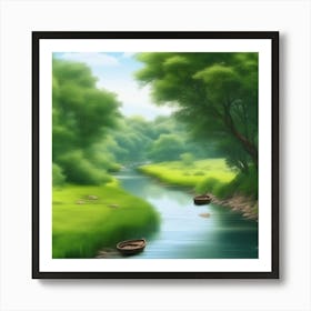 Landscape River With Boats Art Print