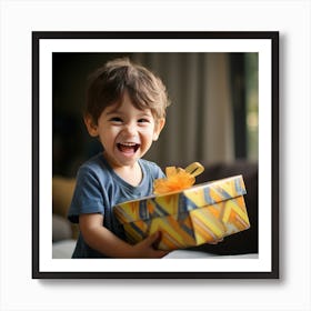 Happy Little Boy With Gift Art Print