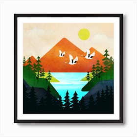 Beautiful flight over the peaceful mountain lake Art Print