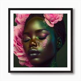 Black Woman With Pink Roses Art Print