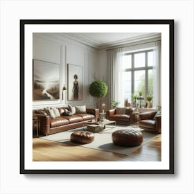 Living Room With Brown Leather Furniture 1 Art Print