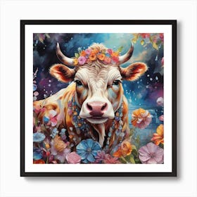 Cow With Flowers Art Print