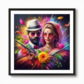 Man And Woman Holding Guns Art Print