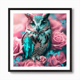 owl with dolphin colors, pink roses 2 Art Print