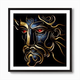 An Abstract Portrait Of Poseidon in Black Granite overlaid With Gold Beads And Ruby Eyes. Art Print