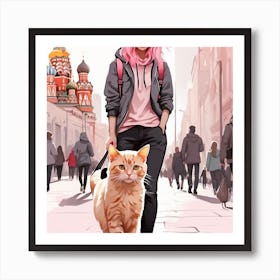 Russian Girl With Cat Art Print