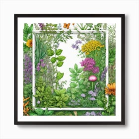 Watercolor Frame With Herbs And Flowers Art Print