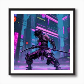 Cyberpunk Samurai In A Neon Lit Megacity in A Futuristic World Of Dazzling Neon Lights Art Print