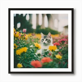 Cat in flowers yellow and orange Art Print