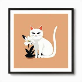 White Cat With Flower Art Print