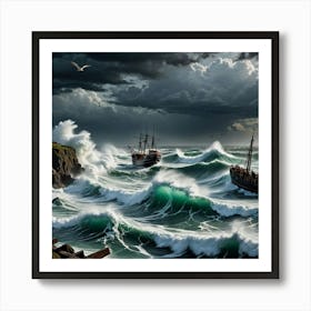 Caught in the Storm: Trawler and Seagulls Art Print