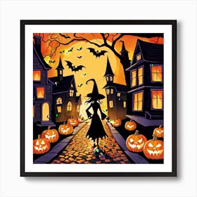 The Picture Captures A Vibrant Halloween Street Scene Adorned With Intricately Carved Jack O Lante (1) Art Print