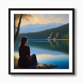 Woman Sitting By Lake Art Print