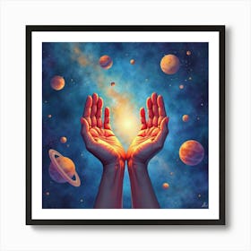 Watercolor Cosmic Hands Stretching Across The Universe, Holding Distant Planets 1 Art Print