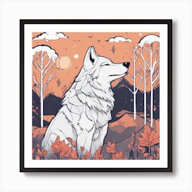 Sticker Art Design, Wolf Howling To A Full Moon, Kawaii Illustration, White Background, Flat Colors, (5) 1 Art Print
