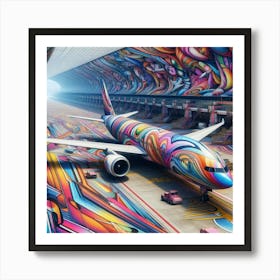 A colorful, abstract painting of an airplane in a hangar. Art Print