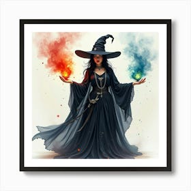 Black Magic Sorceress With A Colorful Watercolor Spell 1 Art Print